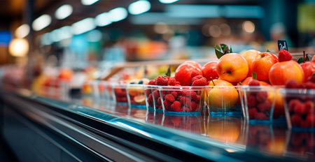 Grocery store, fruit counter, juice drinks close-up AI generated imageの写真素材