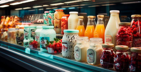 Milk, kefir, dairy products in a store, refrigerated display case in a supermarket AI generated imageの写真素材