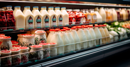 Dairy products, milk and cheese in a supermarket, food display AI generated imageの写真素材