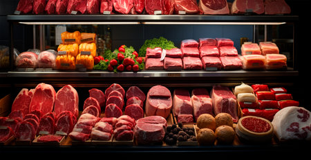 Shop window for red raw meat, beef, pork, chicken. Diet food. Meat supermarket AI generated imageの写真素材