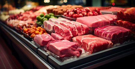 Shop window for red raw meat, beef, pork, chicken. Diet food. Meat supermarket AI generated imageの写真素材