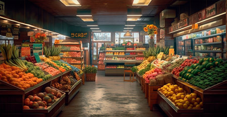 Grocery store, fruit counter, juice drinks close-up AI generated imageの写真素材