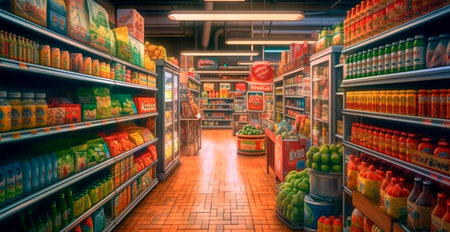 Grocery store, fruit counter, juice drinks close-up AI generated imageの写真素材