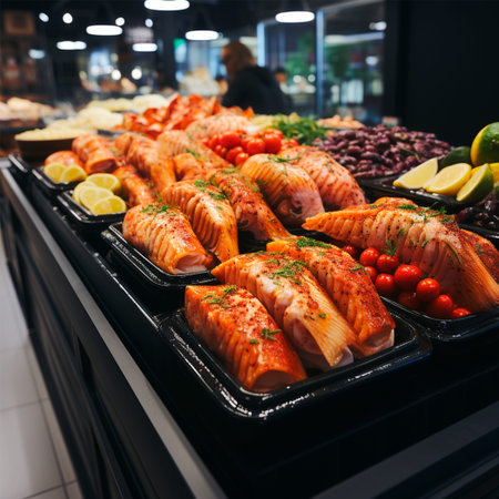 Fresh organic seafood, fish, tuna in refrigerator on ice in supermarket, healthy eating concept AI...