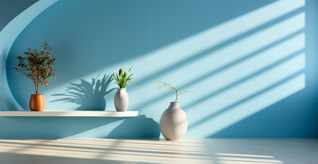 Light pastel studio background for product presentation. Empty room with window shadows AI generated imageの写真素材