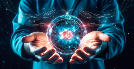 Abstract bright sphere of the world in hands, concept of the future AI generated imageの写真素材