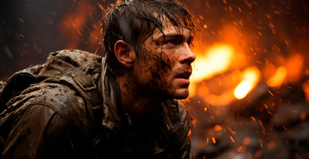 Fear of the military, horror in the eyes of a man, fear of war AI generated image