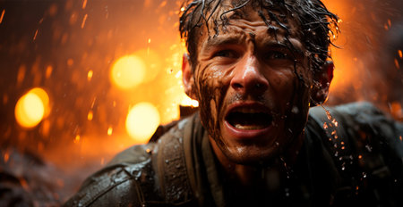 Fear of the military, horror in the eyes of a man, fear of war AI generated image