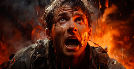 Fear of the military, horror in the eyes of a man, fear of war AI generated image