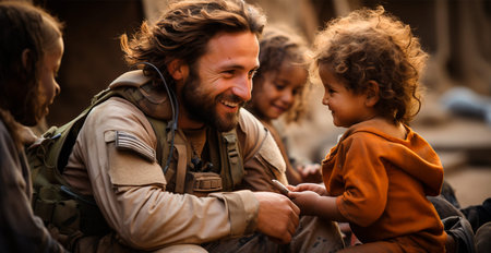 Military and children, military doctors help children, saving children AI generated image