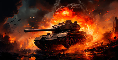 Large military tank, infantry fire support in war AI generated image