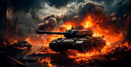 Large military tank, infantry fire support in war AI generated image