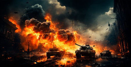Large military tank, infantry fire support in war AI generated image