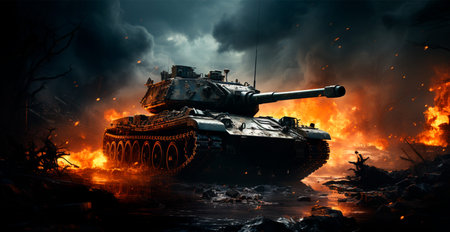 Large military tank, infantry fire support in war AI generated image