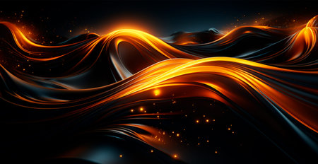 Abstract black background, wavy lines golden glow AI generated image