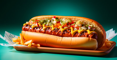 Fresh cooked hot dog with mustard and ketchup AI generated imageの写真素材