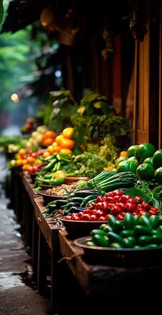 Asian food market, fresh vegetables and fruits AI generated image