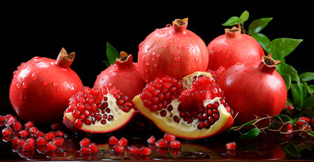 Healthy pomegranate fruits with leaves and half of a ripe pomegranate AI generated imageの写真素材