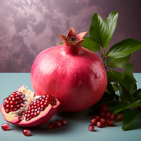 Healthy pomegranate fruits with leaves and half of a ripe pomegranate AI generated imageの写真素材