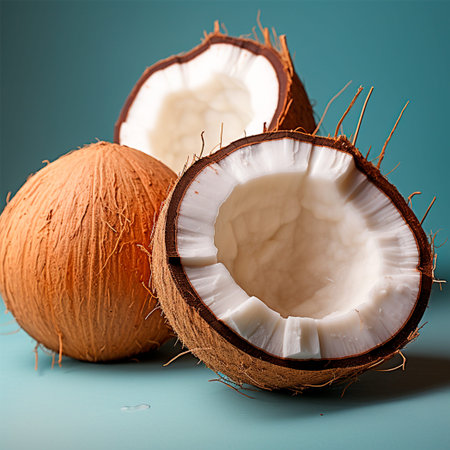 Ripe coconut, coconut pulp, coconut juice, isolated background AI generated image
