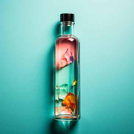 Glass bottle of water on the table, pastel isolated background AI generated imageの写真素材
