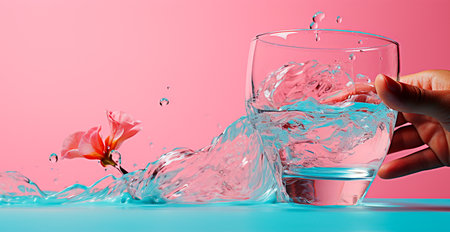 Glass of water on the table, pastel isolated background AI generated imageの写真素材