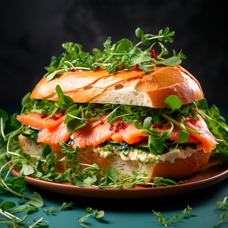 Sandwich with salmon and vegetables, quick snack AI generated imageの写真素材