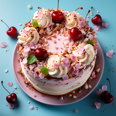 Large festive bright cake, creamy sweet pie AI generated imageの写真素材