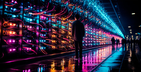 Network of connections in servers, data storage systems in data centers AI generated image