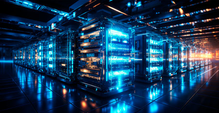 Network of connections in servers, data storage systems in data centers AI generated imageの写真素材