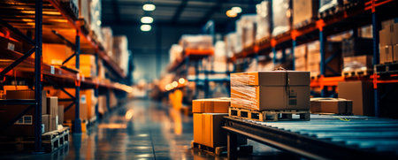 Blurred business background, blurred warehouse on light bokeh background, transporting cargo boxes...