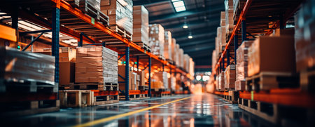Blurred business background, blurred warehouse on light bokeh background, transporting cargo boxes...