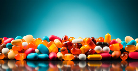 A scattering of different capsules and tablets AI generated image