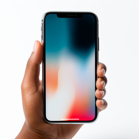 Smartphone in male hand, mobile template, white background AI generated image