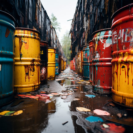 Old oil barrels, business concept, oil products and oil production warehouse AI generated image