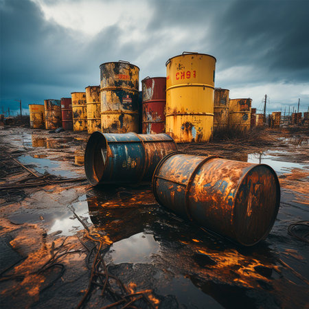 Old oil barrels, business concept, oil products and oil production warehouse AI generated image