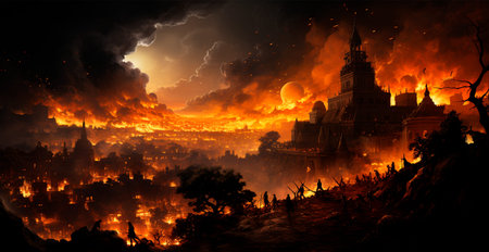 Destroyed burning city, Palestine on fire AI generated image