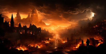 Destroyed burning city, Palestine on fire AI generated image