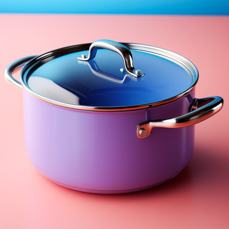 Enameled bright pan on isolated background, cooking soup AI generated image