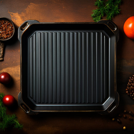 Empty cast iron grill pan isolated on white background. Top view AI generated image