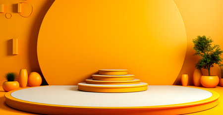 Empty podium pedestal, yellow background stand for product, goods. Shelf with product advertising AI generated imageの写真素材