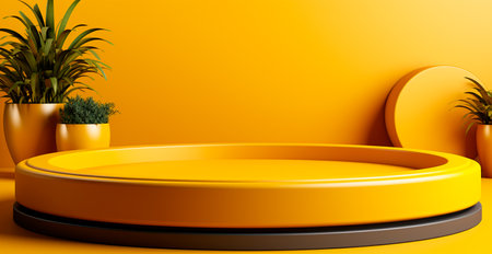 Empty podium pedestal, yellow background stand for product, goods. Shelf with product advertising AI generated imageの写真素材