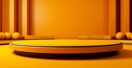 Empty podium pedestal, yellow background stand for product, goods. Shelf with product advertising AI generated imageの写真素材