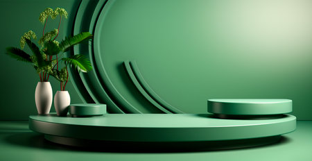 Empty podium pedestal, green background stand for product, goods. Shelf with product advertising AI generated imageの写真素材