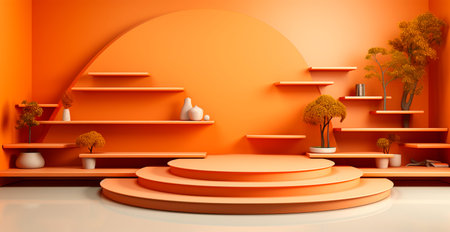 Empty podium pedestal, orange background stand for product, goods. Shelf with product advertising AI...
