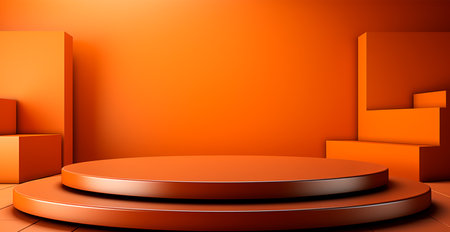 Empty podium pedestal, orange background stand for product, goods. Shelf with product advertising AI generated imageの写真素材