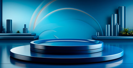 Empty podium pedestal, blue background stand for product, goods. Shelf with product advertising AI...
