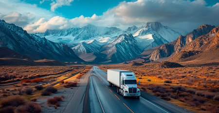 A truck drives along a mountain road, cargo delivery logistics AI generated image