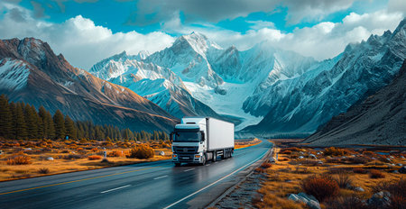A truck drives along a mountain road, cargo delivery logistics AI generated image