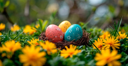 Easter eggs in the grass, holy holiday of Easter AI generated image